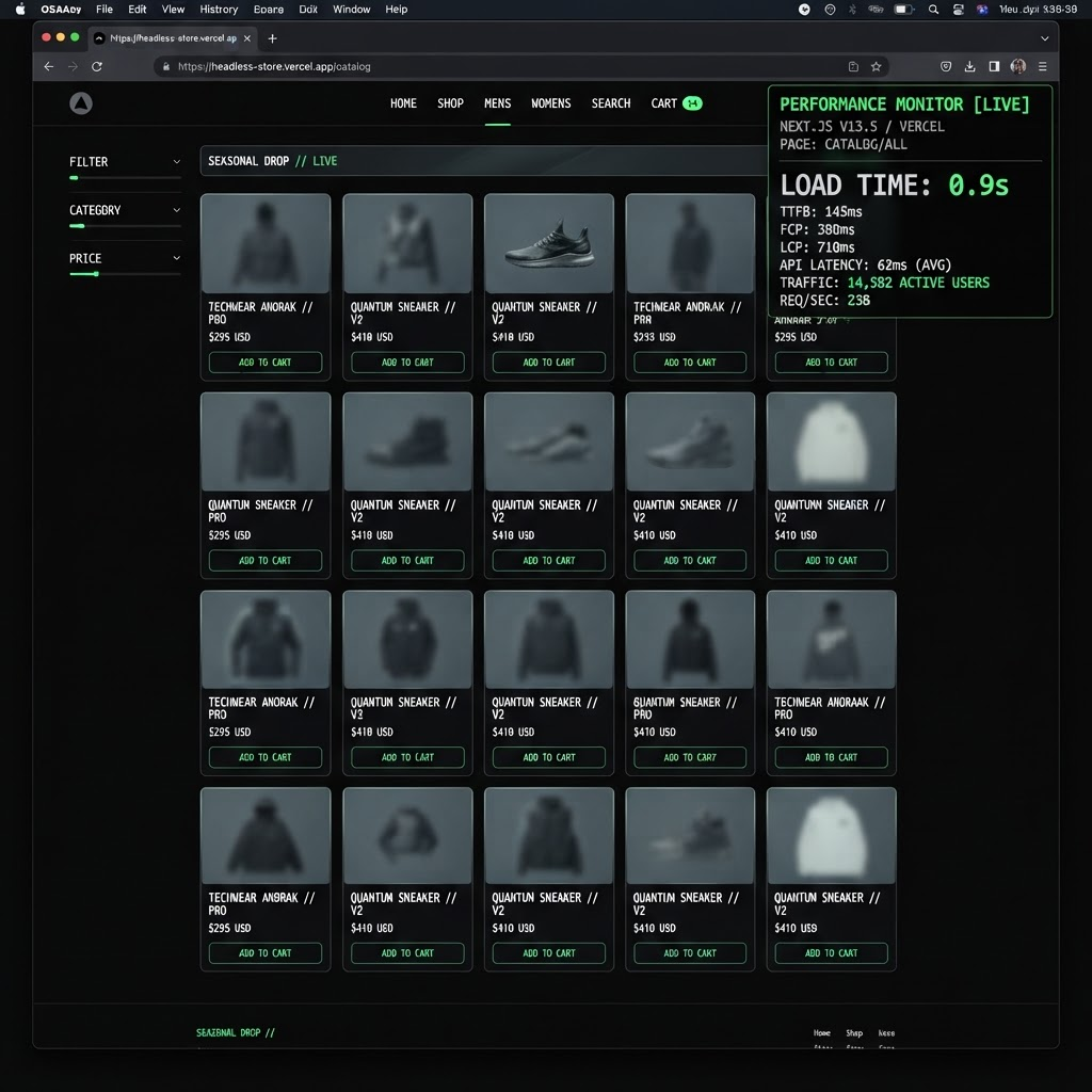 Headless Next.js catalog page holding 0.9s load time under peak traffic